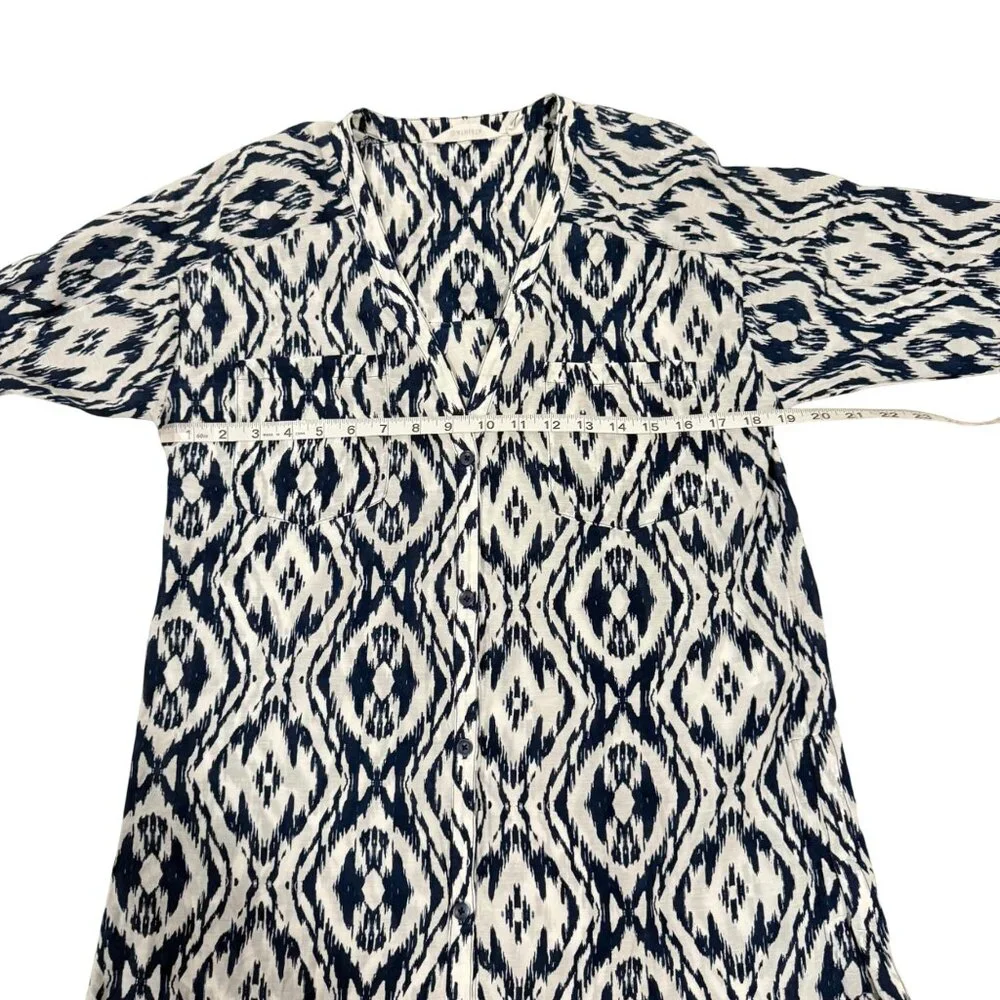 Athleta Blue White Printed Cotton‎ Silk Blend Kaftan Shirt Size M
